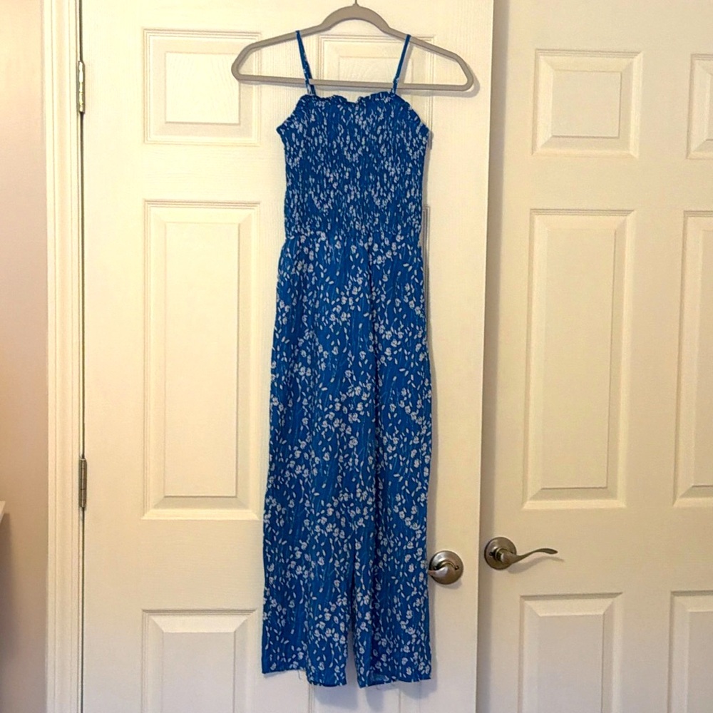 Hayden Girls royal blue romper with cream flowers, spaghetti straps, size large